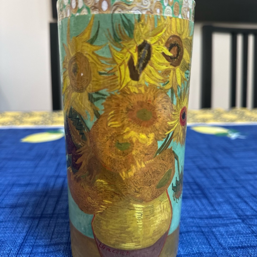 Sunflower  decoupage Art Glass Vase. Hand made.